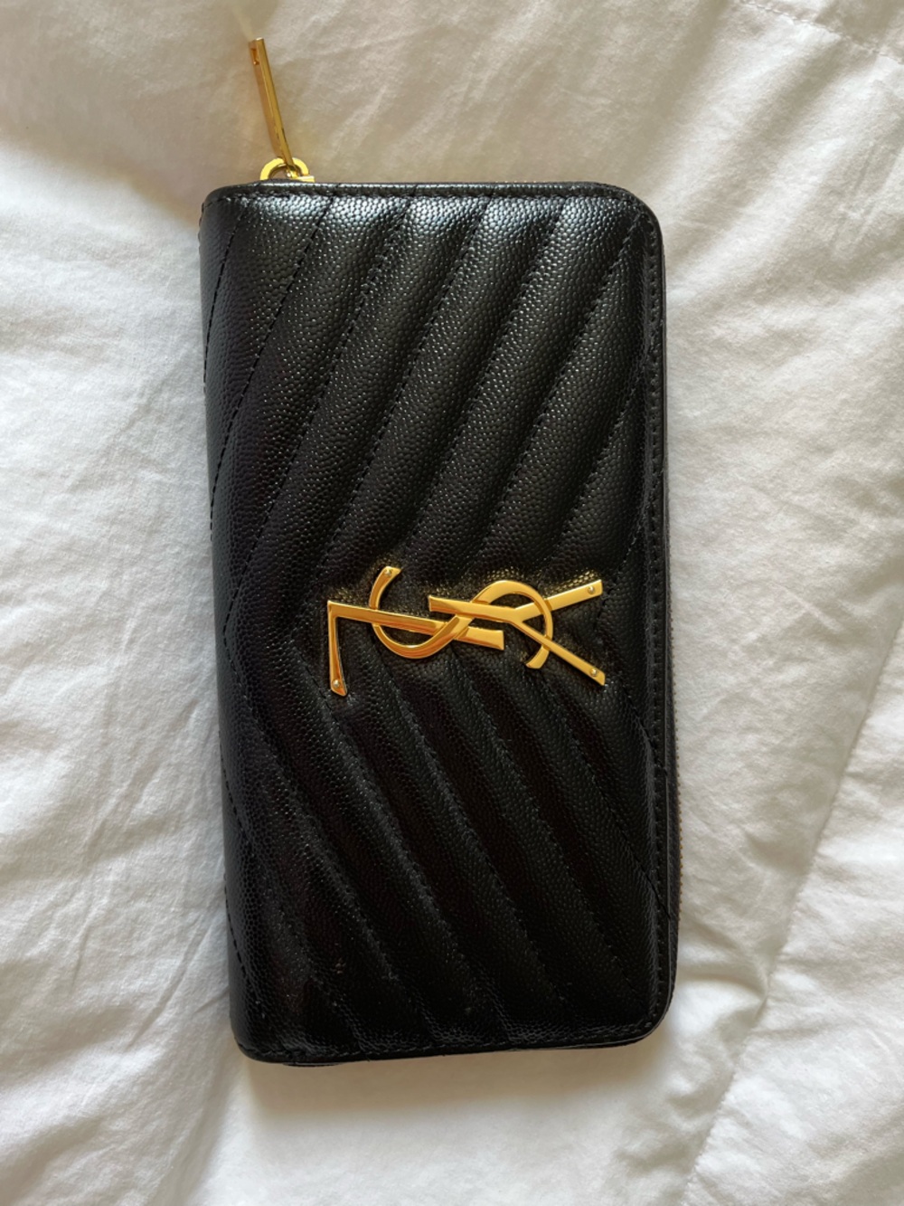 Yves Saint Laurent Black Quilted Zip-Around Wallet with Gold Logo
